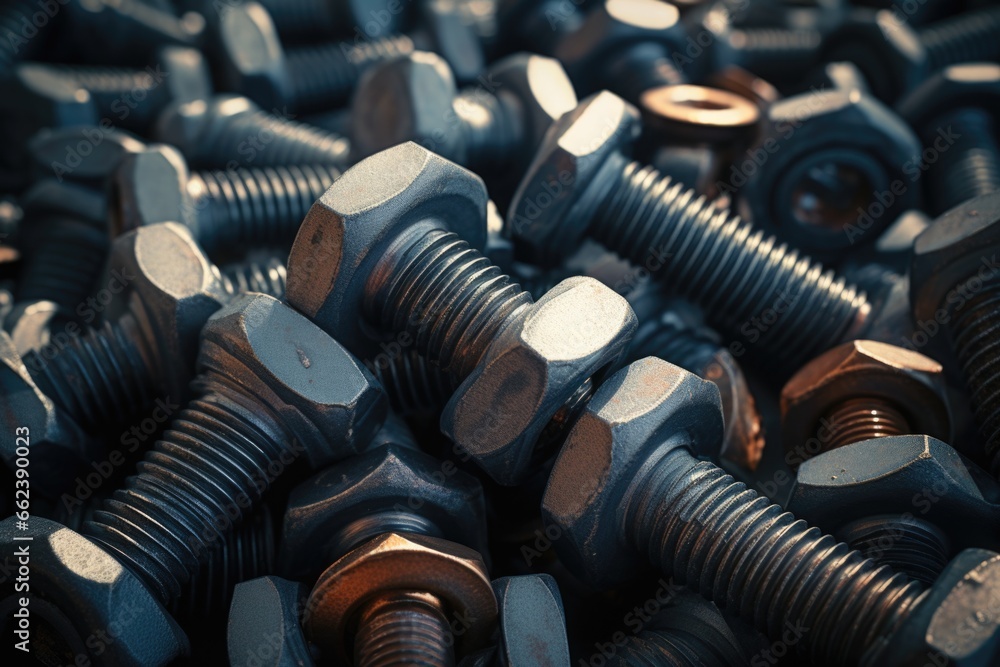 Poster A pile of nuts and bolts stacked on top of each other. This image can be used to represent construction, engineering, or DIY projects