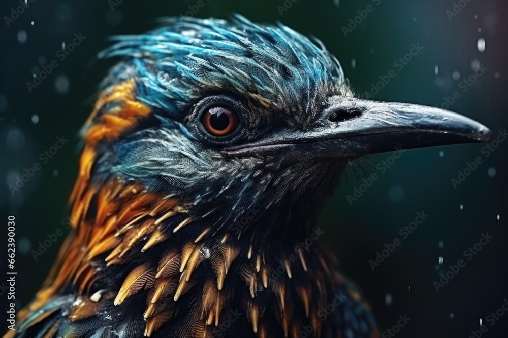 Poster A close-up photograph of a bird captured in the rain. This image can be used to depict the resilience and beauty of nature in adverse conditions