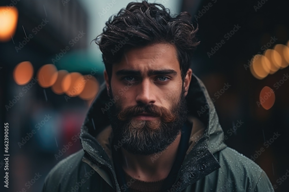 Poster a man with a beard standing in the rain.