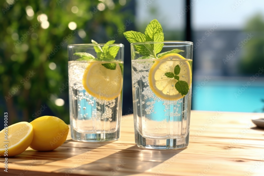 Poster a picture of two glasses of water filled with lemon slices and fresh mint leaves. this refreshing dr