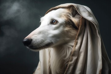 A dog wearing a blanket on its head. This picture can be used to depict humor or innocence