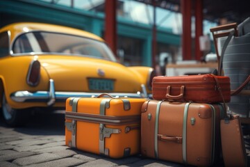 A couple of suitcases sitting next to a yellow car. Suitable for travel, road trips, or transportation themes