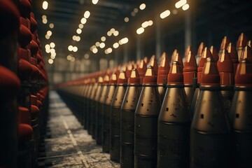 A row of fire extinguishers lined up in a factory. This image can be used to illustrate workplace safety and fire prevention - obrazy, fototapety, plakaty