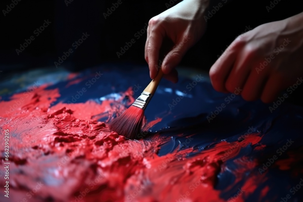 Aufkleber a person using a brush to paint on a red and blue surface. this image can be used for artistic, crea