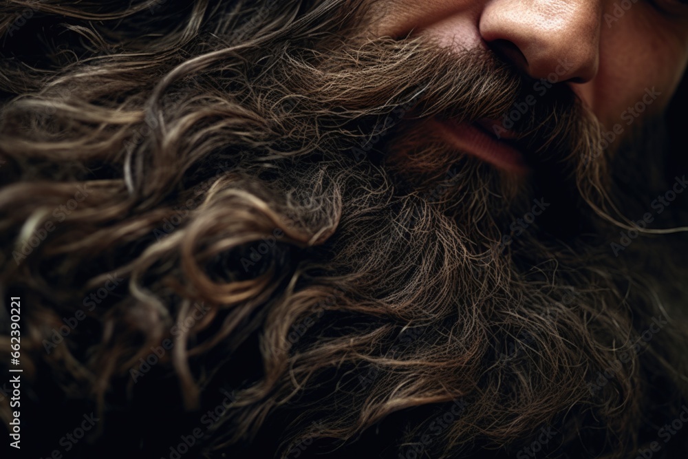 Poster a detailed close-up image of a man with long hair and a beard. this versatile image can be used in v