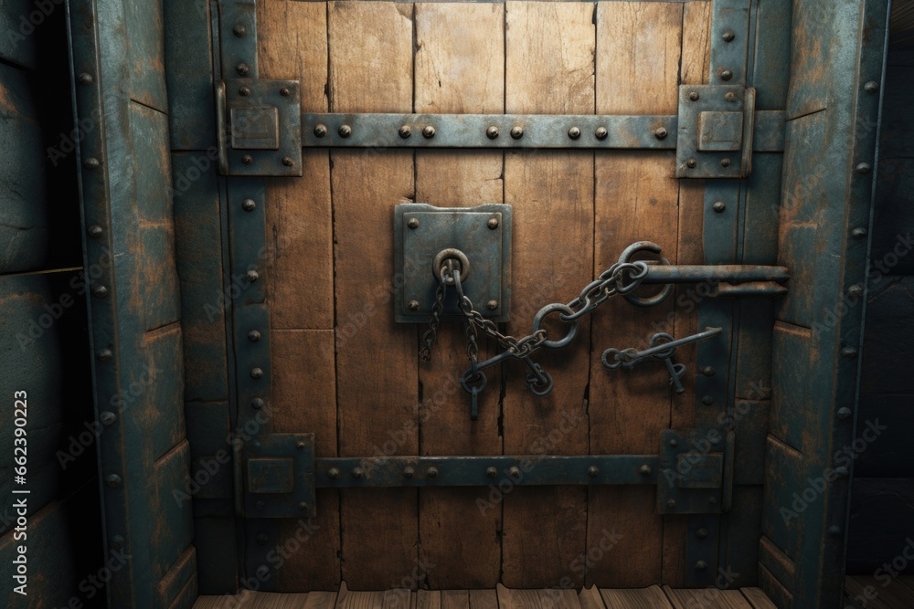 Poster A picture of a locked door with a chain and padlock. This image can be used to symbolize security, privacy, or restrictions