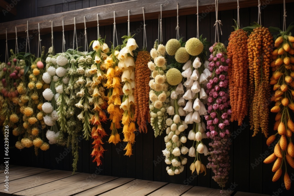 Aufkleber a variety of different types of vegetables hanging from strings. perfect for adding a fresh and colo
