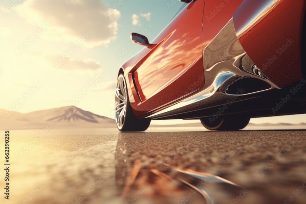 Poster a red car driving on a desert road. this image can be used to depict a sense of adventure and freedo