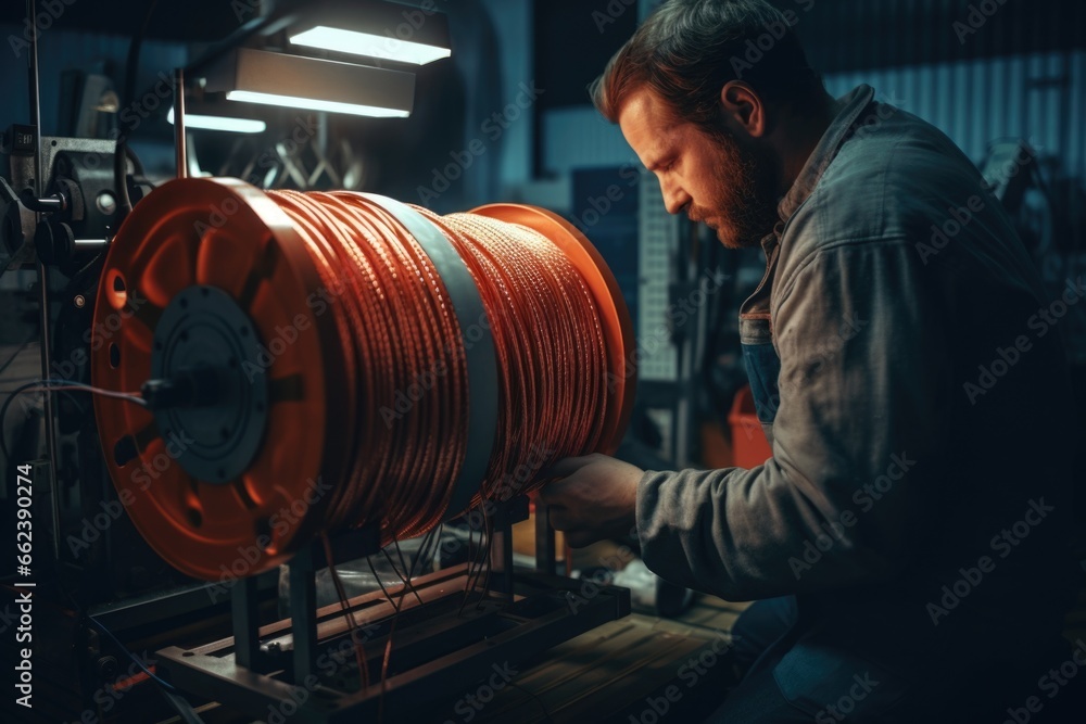 Poster a man is seen working on a large reel of orange wire. this image can be used to depict electrical wo