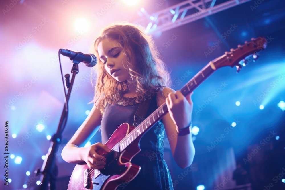 Aufkleber a woman is pictured playing a guitar in front of a microphone. this image can be used for music-rela