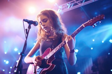 A woman is pictured playing a guitar in front of a microphone. This image can be used for music-related projects and events.