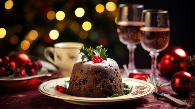 Traditional Christmas pudding, fruit cake. Plum pudding, Festive Sweet food, dessert on dark wooden background with lights. Copy space.