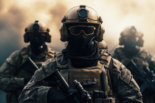 A group of soldiers wearing gas masks and goggles. This image can be used to depict military operations, chemical warfare, or protection against hazardous environments.
