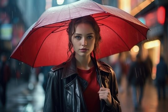 A woman holding a red umbrella in the rain. Suitable for weather-related concepts and outdoor activities in rainy conditions.