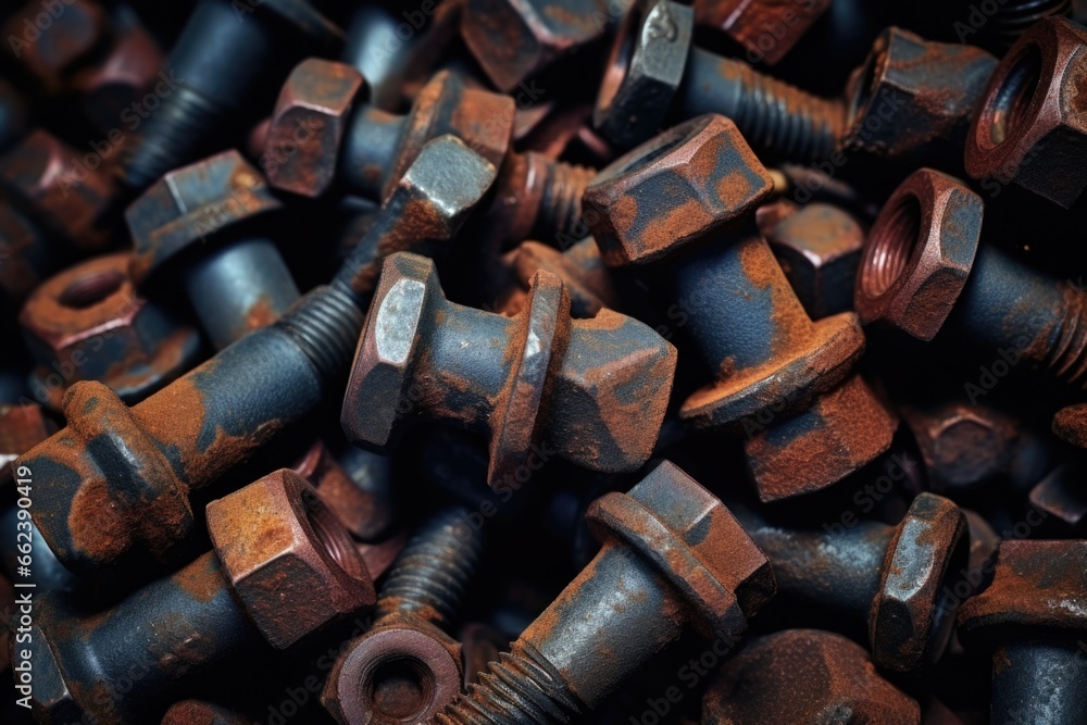 Aufkleber A pile of rusted bolts and nuts. Can be used as a background or to illustrate themes related to decay and deterioration.