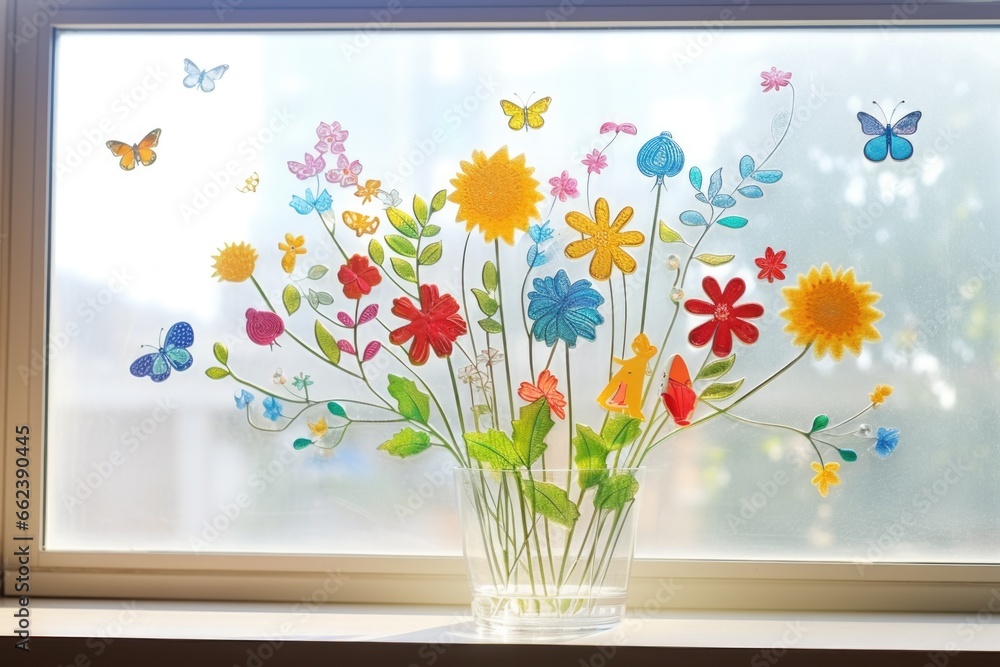 Poster A vibrant vase filled with colorful flowers sits on a window sill. This image can be used to add a pop of color and freshness to any design or project.