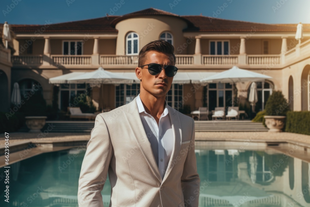 Aufkleber a man in a suit standing in front of a pool. suitable for corporate and leisure concepts.