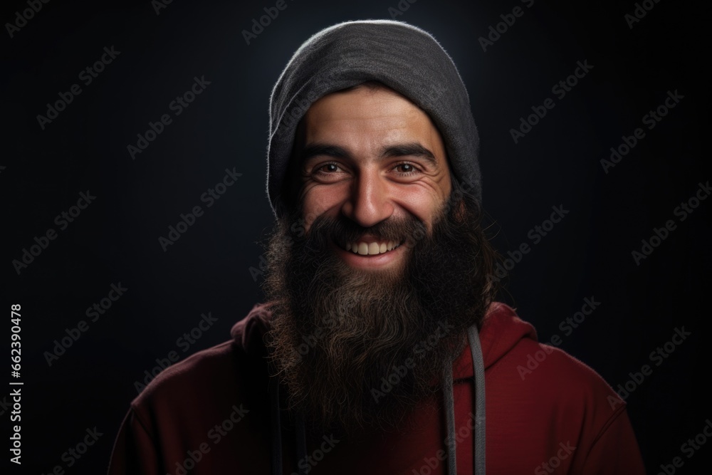 Poster A man with a beard wearing a red hoodie. This versatile image can be used in various contexts.