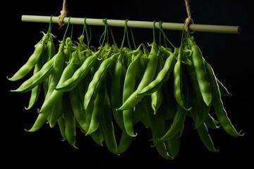 A bunch of fresh green beans hanging from a string. Perfect for recipes, healthy eating, and farm-to-table concepts.