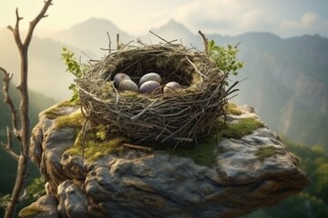 Naklejka na ściany i meble A bird's nest perched on a rugged rock in the scenic mountains. 