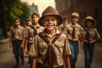 A group of scouts walking together down a street. Suitable for illustrating community, teamwork, and outdoor activities. - obrazy, fototapety, plakaty