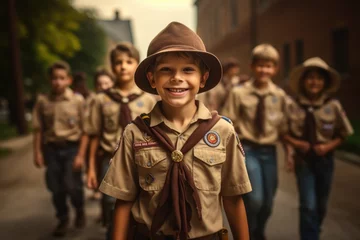 Foto op Canvas A group of scouts walking together down a street. Suitable for illustrating community, teamwork, and outdoor activities. © Fotograf