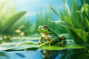 Fototapeta premium A frog peacefully sitting on top of a leaf in a serene pond. Perfect for nature and wildlife enthusiasts.