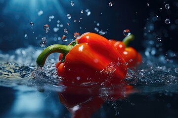 A captivating image of a red bell pepper being submerged in water, creating a splash. - Powered by Adobe