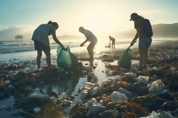 A group of people is seen picking up trash on a beach. This image can be used to raise awareness about environmental conservation and the importance of keeping beaches clean. - obrazy, fototapety, plakaty