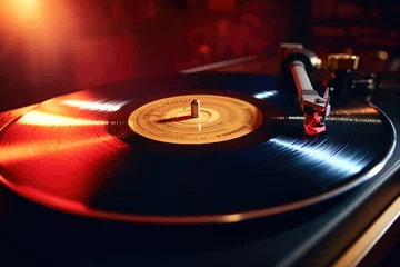 Fotobehang A turntable with a record on top, ready to play. Perfect for music lovers or vintage enthusiasts. © Fotograf