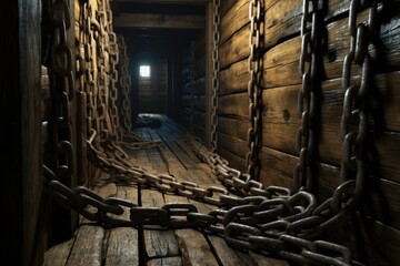 A room filled with chains scattered on the floor. 