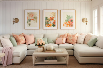 A warm and cozy Scandinavian classic style family living room interior design is depicted, featuring a mockup poster frame, a structured painting, and a gallery wall of vintage framed artwork