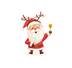 Funny cute Santa Claus character with glass of champagne and rim of reindeer horns isolated on white background. Christmas holiday vector illustration in flat cartoon style