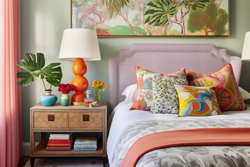 A guest bedroom with a bold, patterned headboard, a mix of vintage and modern furnishings, and a collection of colorful, textured throw pillows, set against a backdrop of vibrant, patterned wallpaper.