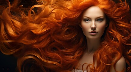 Fototapeta premium studio portrait of beautiful redhead woman with red hair, hairstyle and hairdresser concept, shampoo ad banner