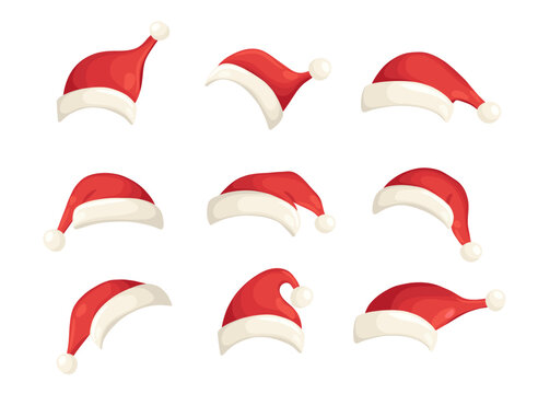 Set of Christmas Santa Claus red hats with fur isolated on white background. Christmas red cap holiday vector illustration in flat cartoon style