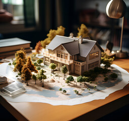 close up of miniature house and documents on desk  ai generative