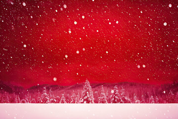 snow background with red color, snowy christmas theme in winter and white snowflakes falling abstract landscape, christmas celebration concept, generative ai