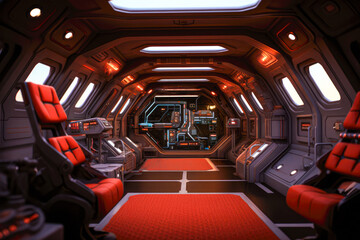 Pilot seat in the interior of a spaceship. - obrazy, fototapety, plakaty