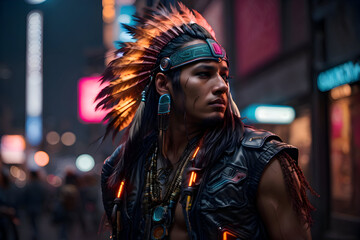 portrait of an American Indian chief on the street at night, cyber punk style