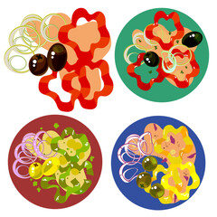 Pizza. Ingredients for pizza. Vegetables, herbs, mushrooms and sausage for baking pizza. Sweet and bitter pepper sliced for different pizzas. Vector collection. Tomato and cheese. A set for a Pizzeria