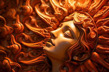 Fantasy illustration of a woman with red hair and big sun.