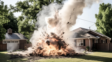 A massive tree is struck by lightning in a suburban yard, leaving a charred and splintered trunk.