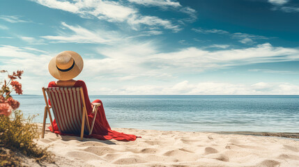 Woman in straw hat and red dress sitting in deckchair on the beach