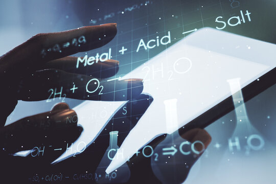 Double exposure of creative chemistry concept with finger clicks on a digital tablet on background, research and development concept