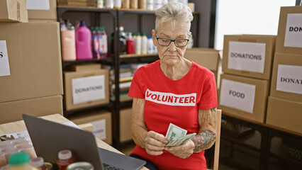 Ddevoted grey-haired senior woman volunteer at community charity center, meticulously counting...
