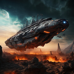 A massive military battlecruiser starship prepared to face its enemies in epic space battles - obrazy, fototapety, plakaty