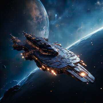 A massive military battlecruiser starship prepared to face its enemies in epic space battles