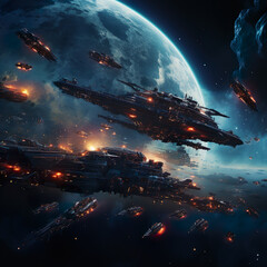 Fleet of military space ships engaging in a battle in space