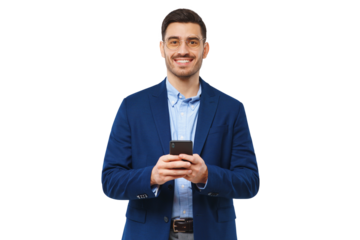 Young businessman or teacher holding phone, looking at camera with happy smile